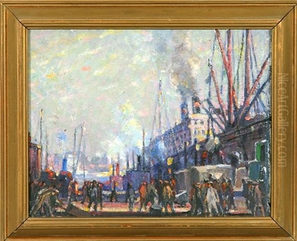 The Dockworkers - N.y. Waterfront Oil Painting by Frederik Usher Devoll