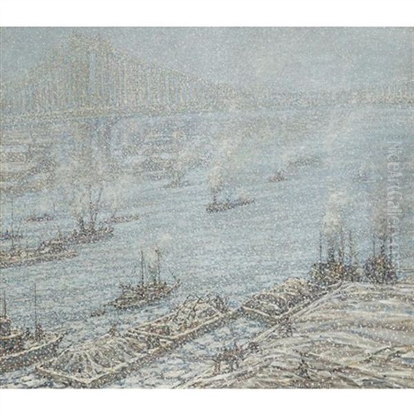 East River, New York, Winter Oil Painting by Frederik Usher Devoll