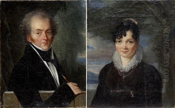 Portraits Eines Eleganten Paares In Landschaft (pair) Oil Painting by Louis Benjamin Marie Devouges