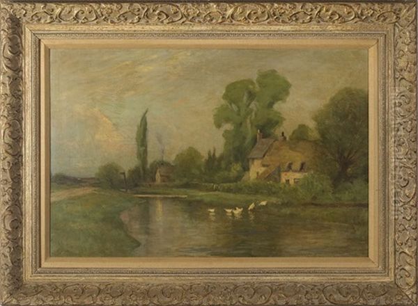 Cottage Beside A Stream With Ducks Oil Painting by Charles Melville Dewey