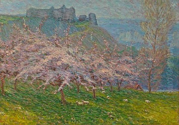 Sheep Grazing Beneath Flowering Apple Trees Oil Painting by Wynford Dewhurst