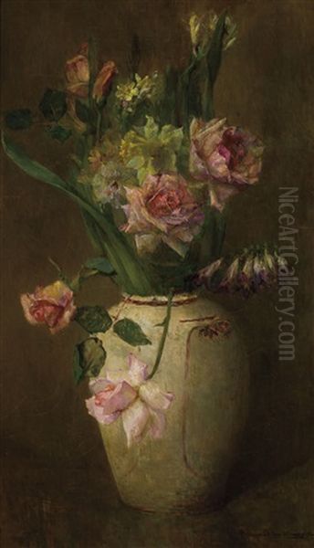 Springflowers With Roses, Daffodils And Larkspur Oil Painting by Maria Oakey Dewing