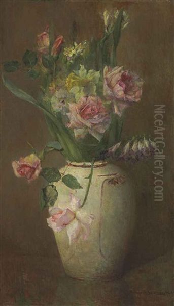 Spring Flowers With Roses, Daffodils And Larkspur Oil Painting by Maria Oakey Dewing