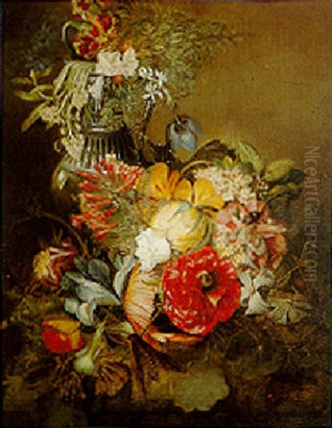 Fruit And Floral Still Life On Carved Table Oil Painting by William Dexter