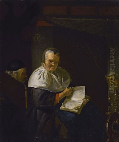 Interior With A Woman Reading By A Spinning Wheel, And A Man Smoking Oil Painting by Anthony van Deyl