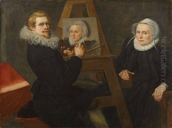 Selbstbildnis Mit Staffelei Und Modell Oil Painting by Maerten Pietersz Deym