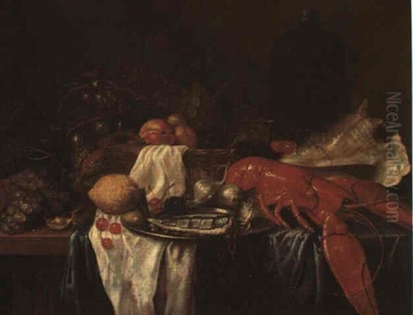 Still  Life Of Fruit In A Basket With A Bottle, A Shell,    Fish And Onions On A Plate, And A Lobster... Oil Painting by Guilliam van Deynum