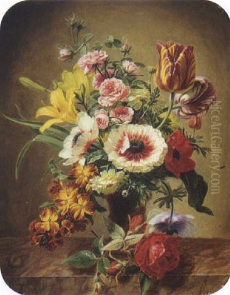 Nature Morte Au Bouquet De Fleurs Sur Un Entablement Oil Painting by Georges Deyrieux