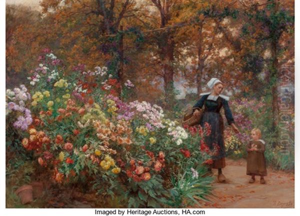 La Cueillette Des Fleurs En Bretagne Oil Painting by Theophile-Louis Deyrolle