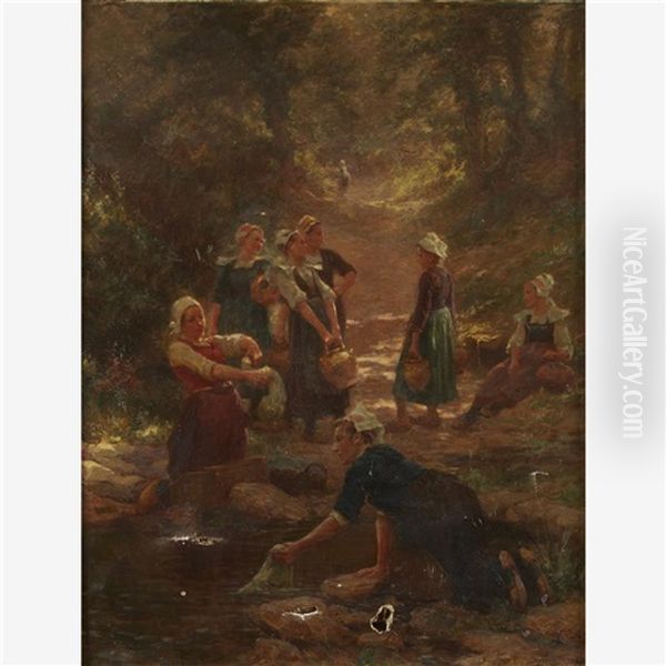 Washerwomen Oil Painting by Theophile-Louis Deyrolle