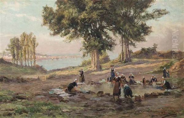 Breton Washerwomen Oil Painting by Theophile-Louis Deyrolle