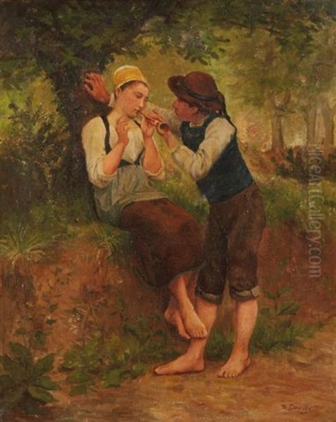 Un Joli Air De Flute Oil Painting by Theophile-Louis Deyrolle