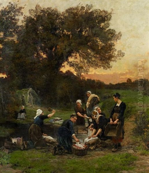 Bretonische Wascherinnen Oil Painting by Theophile-Louis Deyrolle