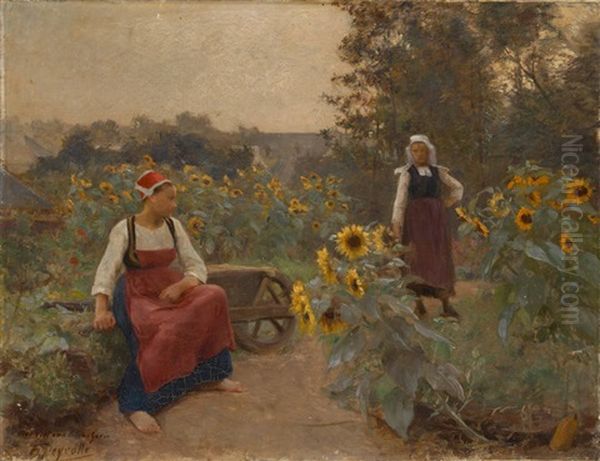 Repos Parmi Les Tournesols Oil Painting by Theophile-Louis Deyrolle