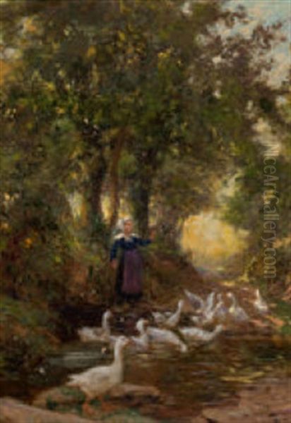 Waldlichtung Mit Teich, Bauerin Und Gansen Oil Painting by Theophile-Louis Deyrolle