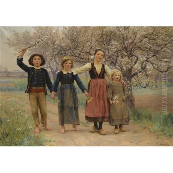 La Chanson De Mai, Bretagne Oil Painting by Theophile-Louis Deyrolle