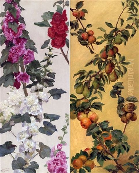 Branches De Roses Tremieres (+ Branches De Poirirer Et De Pommier; Pair) Oil Painting by Theophile-Louis Deyrolle