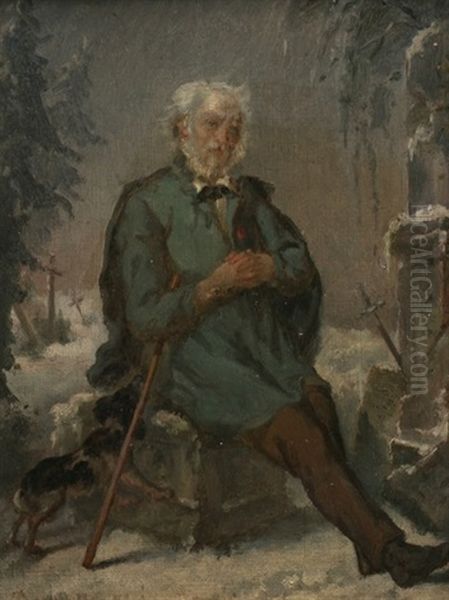 Alter Mann Mit Hund Auf Einem Friedhof Im Winter Oil Painting by Theophile-Louis Deyrolle