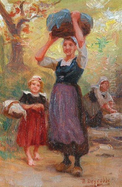 Lavandiere Et Sa Petite Fille Oil Painting by Theophile-Louis Deyrolle