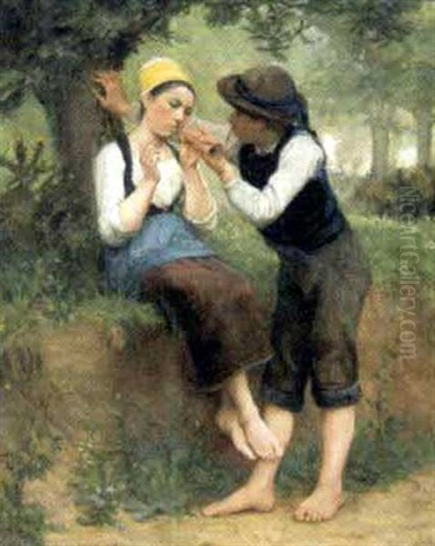 Jeune Couple En Foret Oil Painting by Theophile-Louis Deyrolle