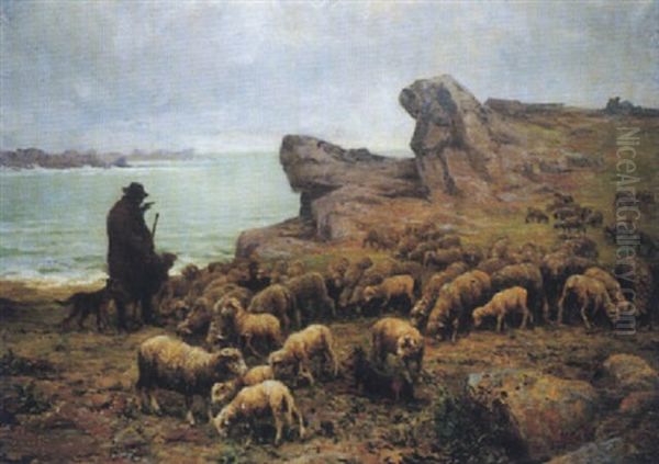 Berger Et Son Troupeau Devant La Mer Oil Painting by Theophile-Louis Deyrolle