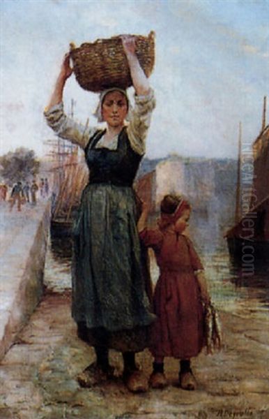 Femme De Pecheur Et Sa Fille Oil Painting by Theophile-Louis Deyrolle