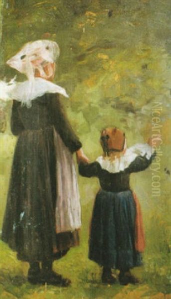 Jeune Femme Et Son Enfant En Costume De Pardon Oil Painting by Theophile-Louis Deyrolle