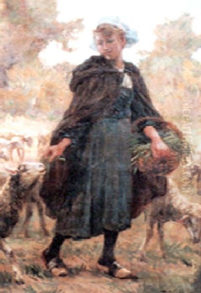 La Gardienne De Moutons Oil Painting by Theophile-Louis Deyrolle