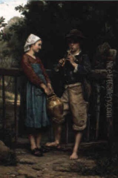 Le Joueur De Flute De La Petite Laitiere Oil Painting by Theophile-Louis Deyrolle