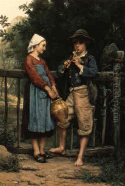 Le Flutiste Et La Petite Laitiere Oil Painting by Theophile-Louis Deyrolle