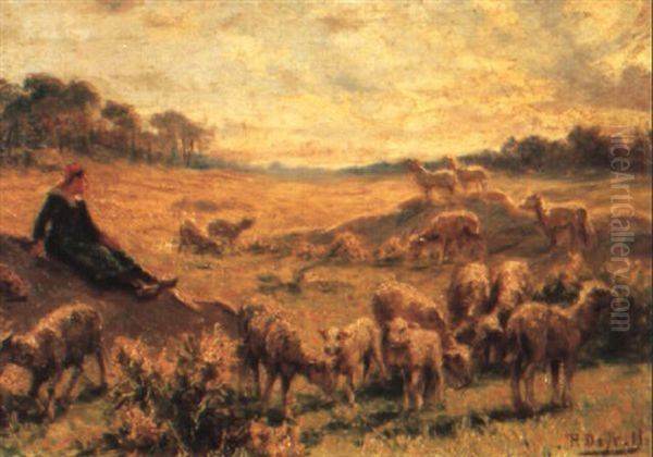 Bergere Et Ses Moutons by Theophile-Louis Deyrolle