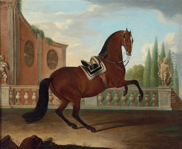 A Bay Horse From An Imperial Stud In The Levade Oil Painting by Johann Leopold Deyssinger