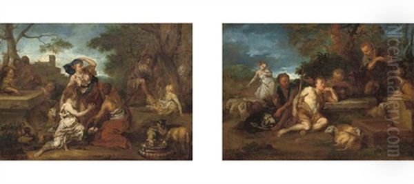 Moses Attacking The Shepherds (+ Moses With The Daughters Of Jethro; Pair) Oil Painting by Lodewyck de Deyster