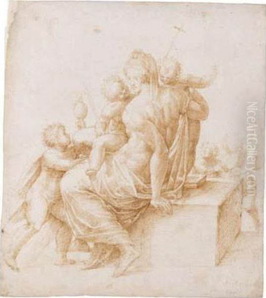 Female Allegorical Figure Surrounded By Putti Bearing Symbols Of Ecclesiastic Virtues Oil Painting by Alessandro Ardente