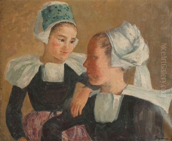 Mere Bretonne Et Sa Fille Oil Painting by Emile Alfred Dezaunay