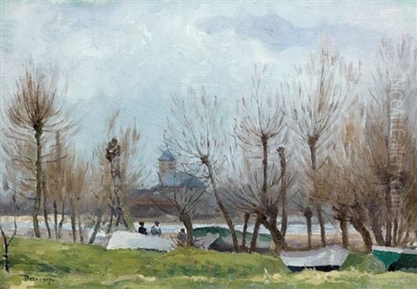 Barques Et Personnages Devant La Riviere En Hiver Oil Painting by Emile Alfred Dezaunay