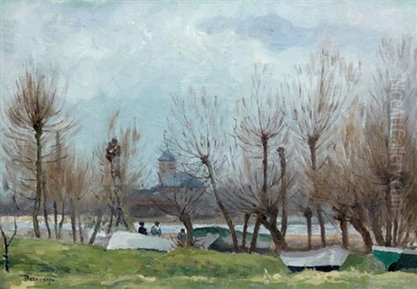 Barques Et Personnages Devant La Riviere En Hiver Oil Painting by Emile Alfred Dezaunay