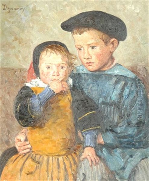 Frere Et Soeur, Les Jeunes Bretons Oil Painting by Emile Alfred Dezaunay