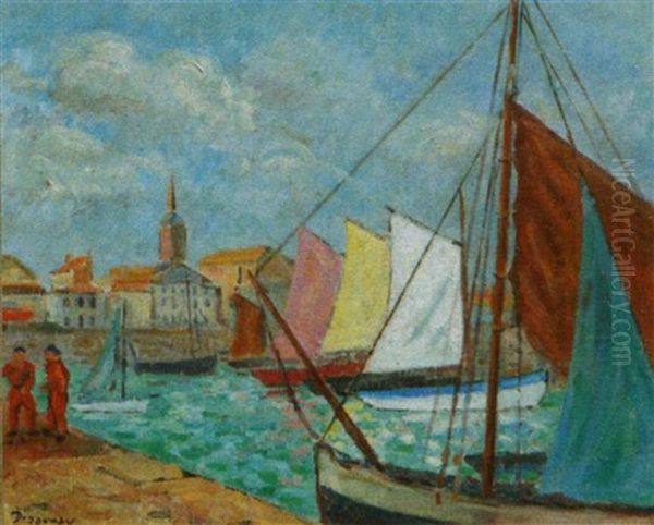 Barques De Peche Sous Voiles Dans Le Port Des Sables D'olonne Oil Painting by Emile Alfred Dezaunay