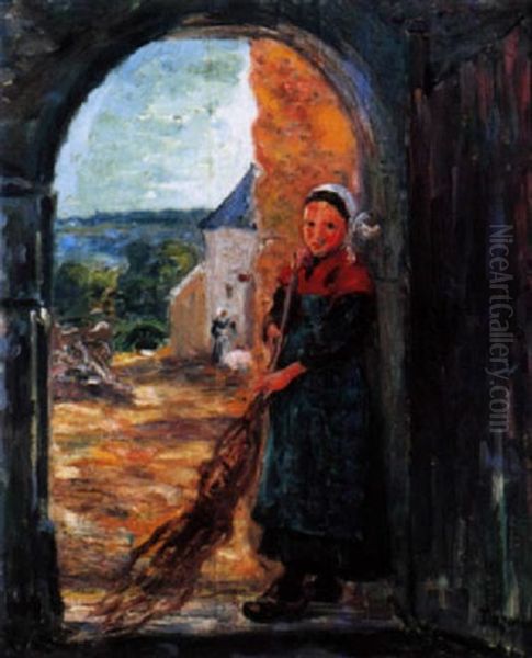 Jeune Bretonne Sous La Porte Cintree Oil Painting by Emile Alfred Dezaunay