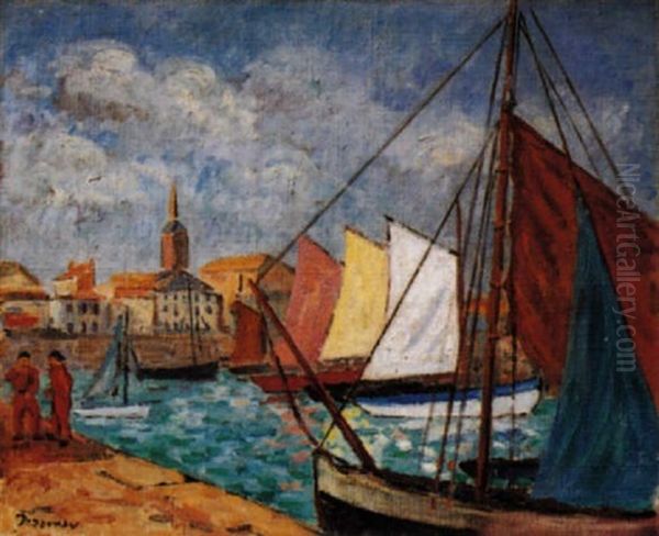 Barques De Peches Sous Voiles Dans Le Port Des Sables D'olonne Oil Painting by Emile Alfred Dezaunay