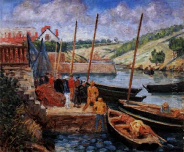 Animation Sur La Cale De Port De Merrien Oil Painting by Emile Alfred Dezaunay