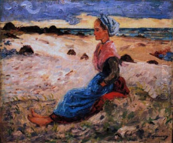 Jeune Bretonne Assise Pres Du Rivage Oil Painting by Emile Alfred Dezaunay