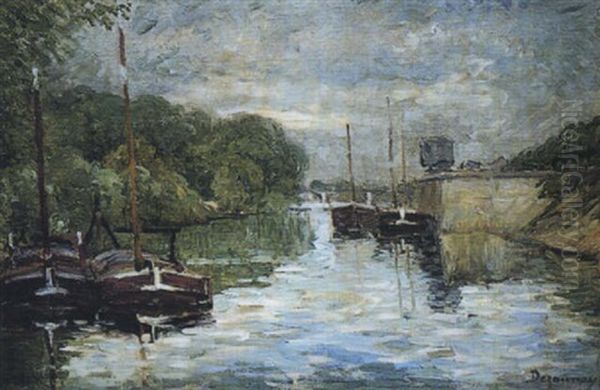 Barques Sur Le Canal, Chalands Pres De L'ile De La Jatte Oil Painting by Emile Alfred Dezaunay