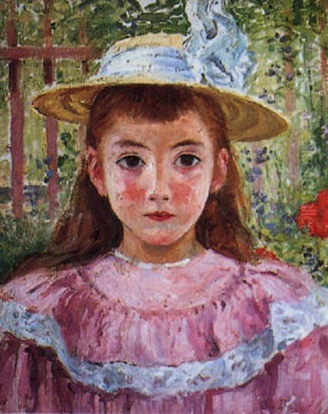 Petit Fille A La Robe Rose Et Chapeau Jaune Oil Painting by Emile Alfred Dezaunay