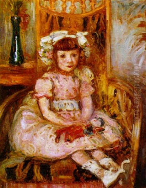 Fillette A La Robe Rose Et A La Poupee Oil Painting by Emile Alfred Dezaunay