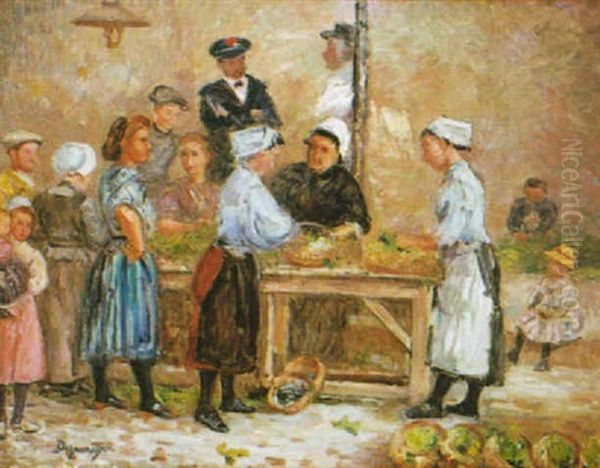 Scene De Marche Aux Legumes Au Croisic Oil Painting by Emile Alfred Dezaunay