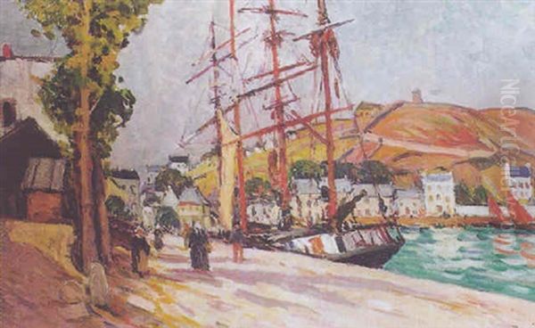 Trois-mats A Quai - Les Voiles Rouges Oil Painting by Emile Alfred Dezaunay