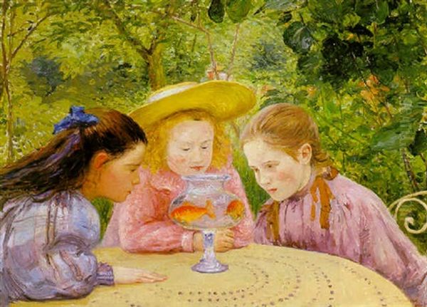 Filles Autour De L'aquarium Oil Painting by Emile Alfred Dezaunay