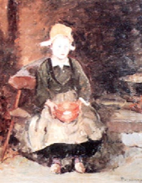 Petite Bretonne Au Coin Du Feu Oil Painting by Emile Alfred Dezaunay